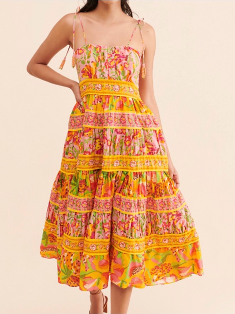 Farm Rio Bright Floral Tiered Midi Dress In Pink, Yellow, Green